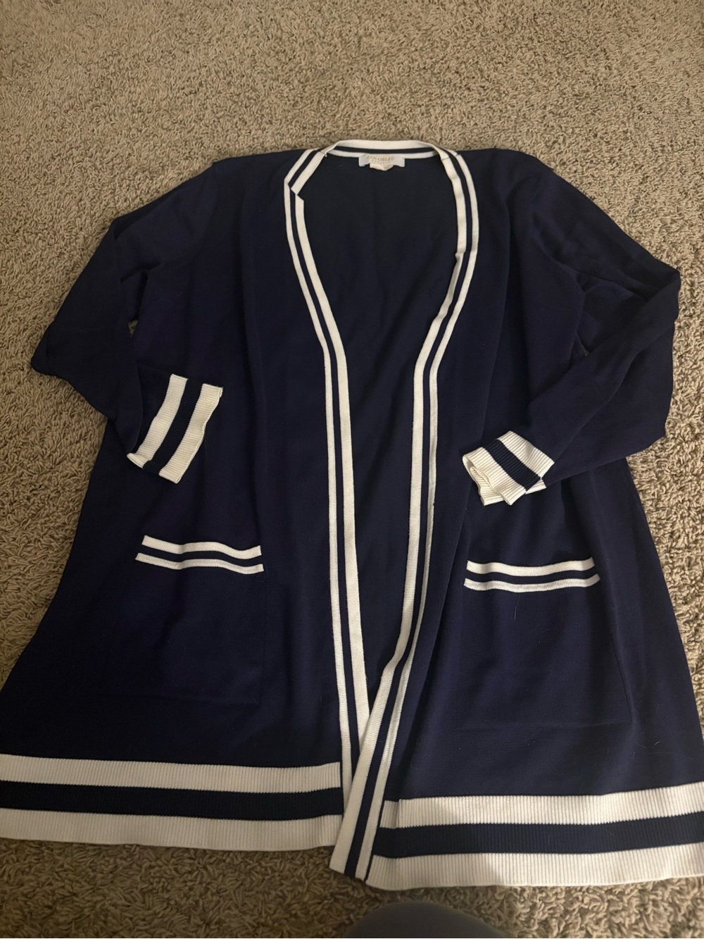 Navy and White Trim Open-Front Cardigan